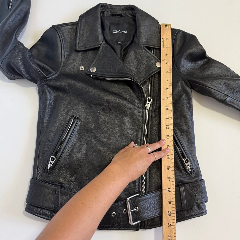 Madewell Washed Leather Motorcycle Jacket Black B0648 XS Womens Biker Belted - Picture 9 of 12